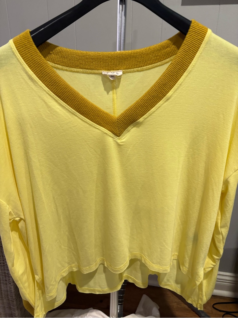 POL Yellow V-Neck Long Sleeve lightweight oversized shirt with Mustard Trim